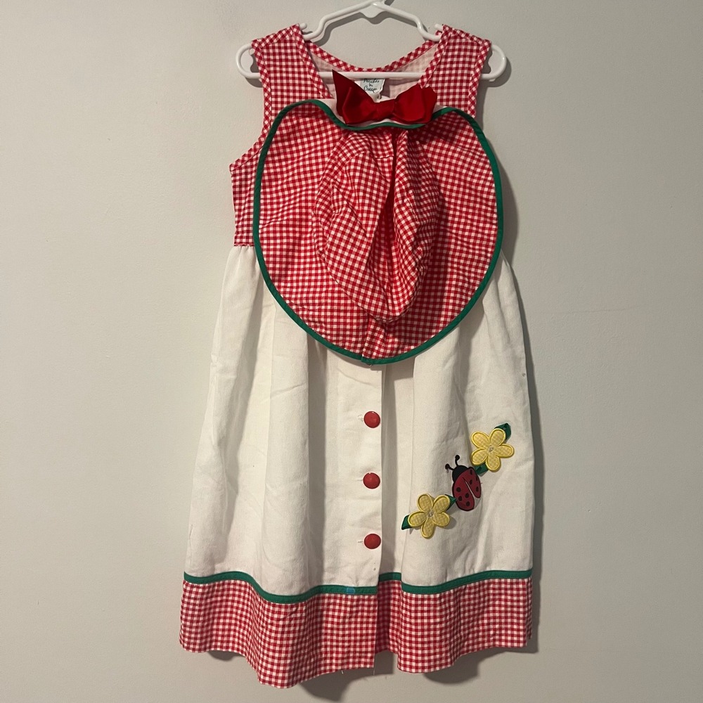 Vintage Peaches Cream Gingham Dress Ladybug Applique‎ Buttons Sleeveless Size 6